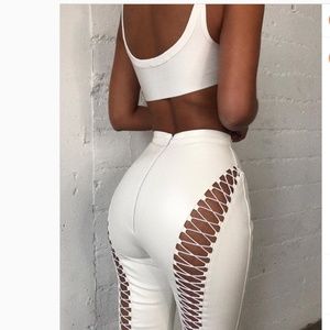 House Of CB, 'Sandrelle' White Vegan Leather Lace Up Trousers, Size M